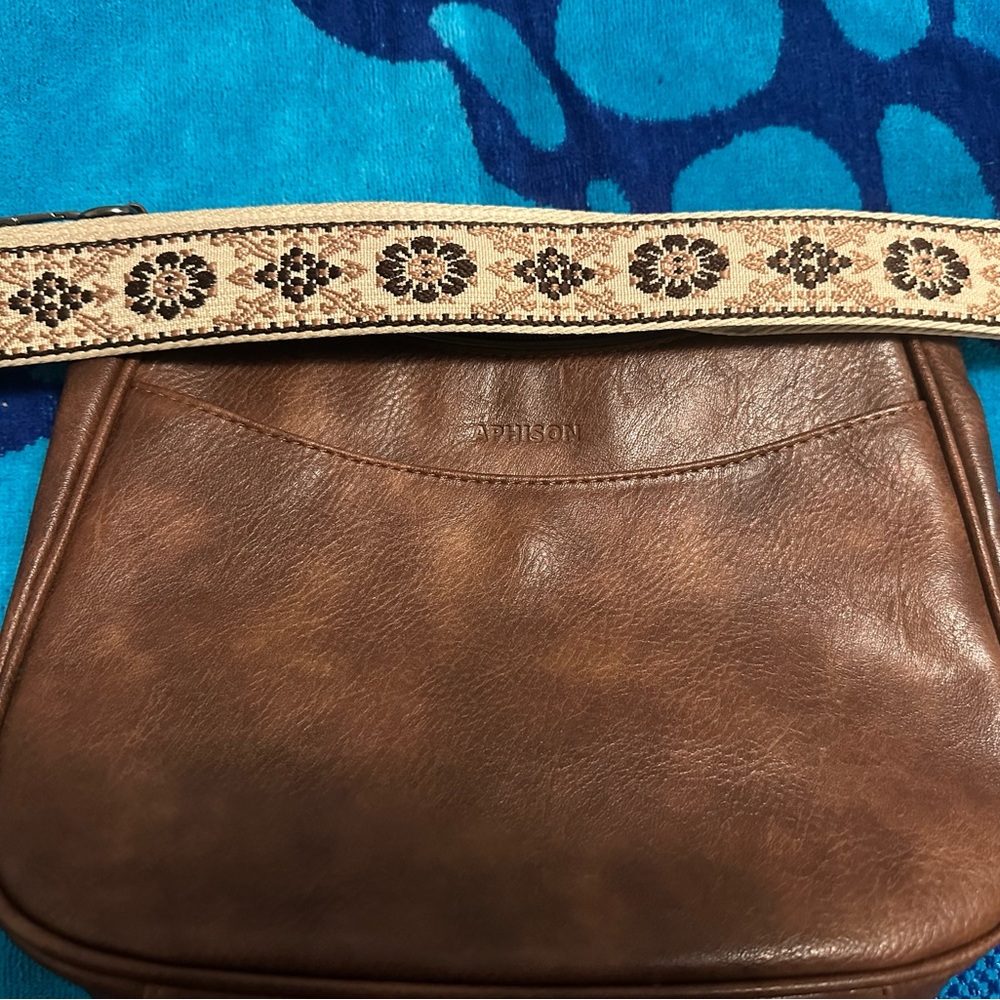 Aphison brown Leather Shoulder Bag with Patterned Strap